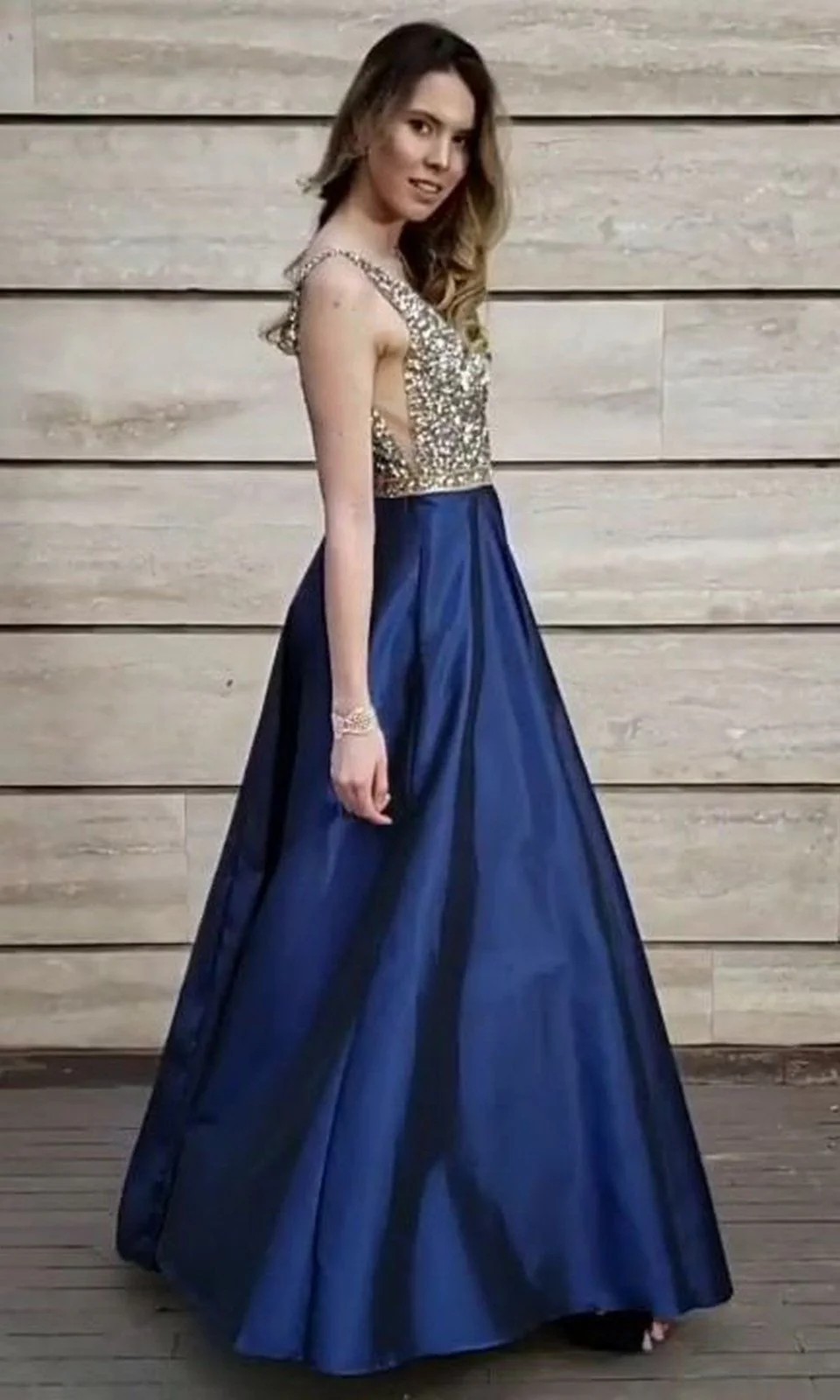 VESTIDO DE FIESTA SATINADO LARGO COLOR AZUL UNIQUE - 2