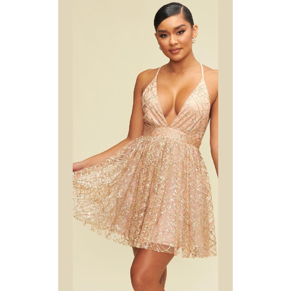 VESTIDO FIESTA MUJER UNIQUE DORADO CORTO C5202 - 1