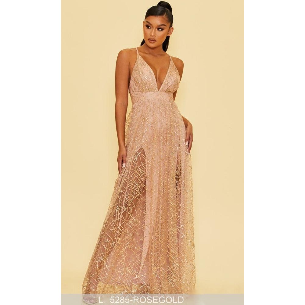 VESTIDO FIESTA MUJER UNIQUE ROSADO ORO LARGO L5285 - 1