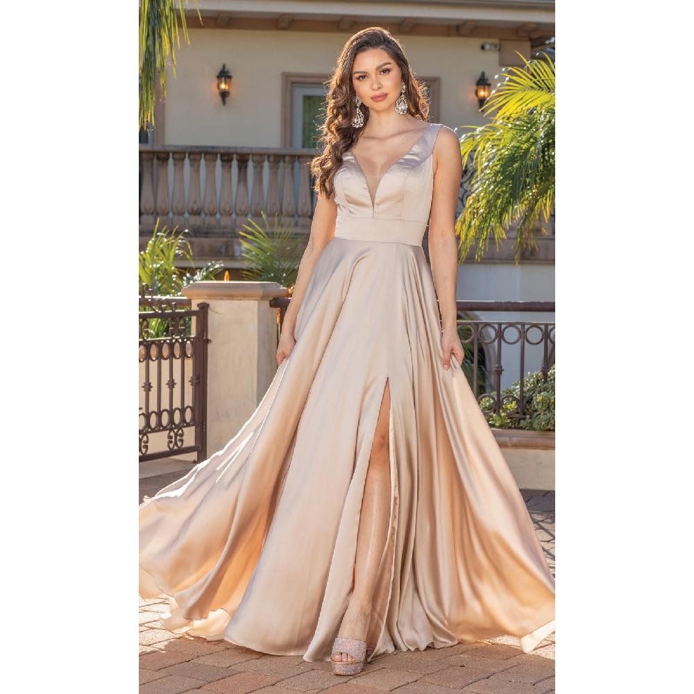 VESTIDO FIESTA MUJER UNIQUE CHAMPAGNE LARGO L4304 - 1