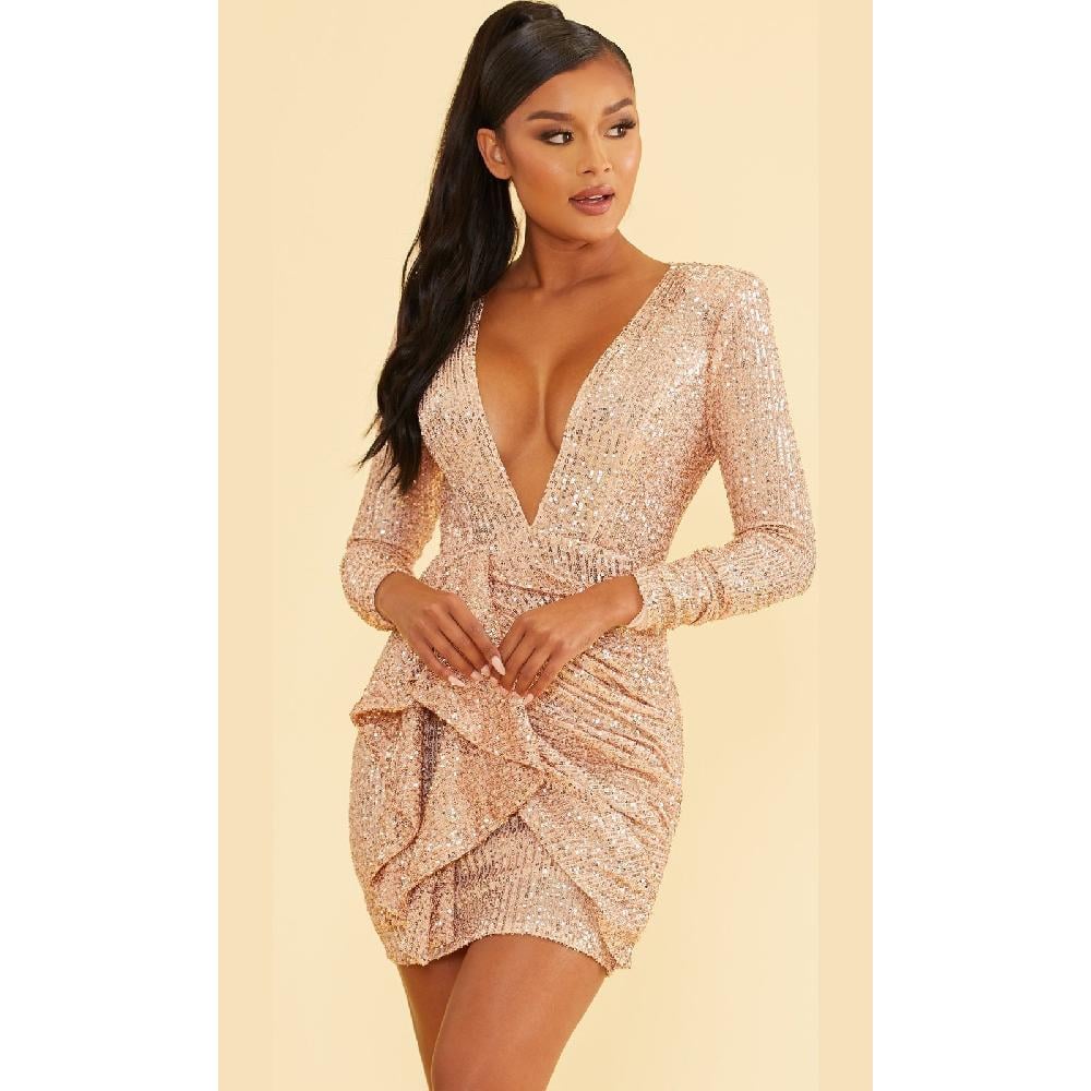VESTIDO FIESTA MUJER UNIQUE DORADO CORTO C6927 - 1