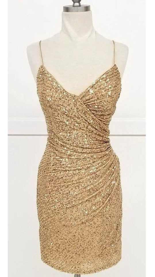 VESTIDO CORTO LENTEJUELAS DRAPEADO C801 DORADO - 2