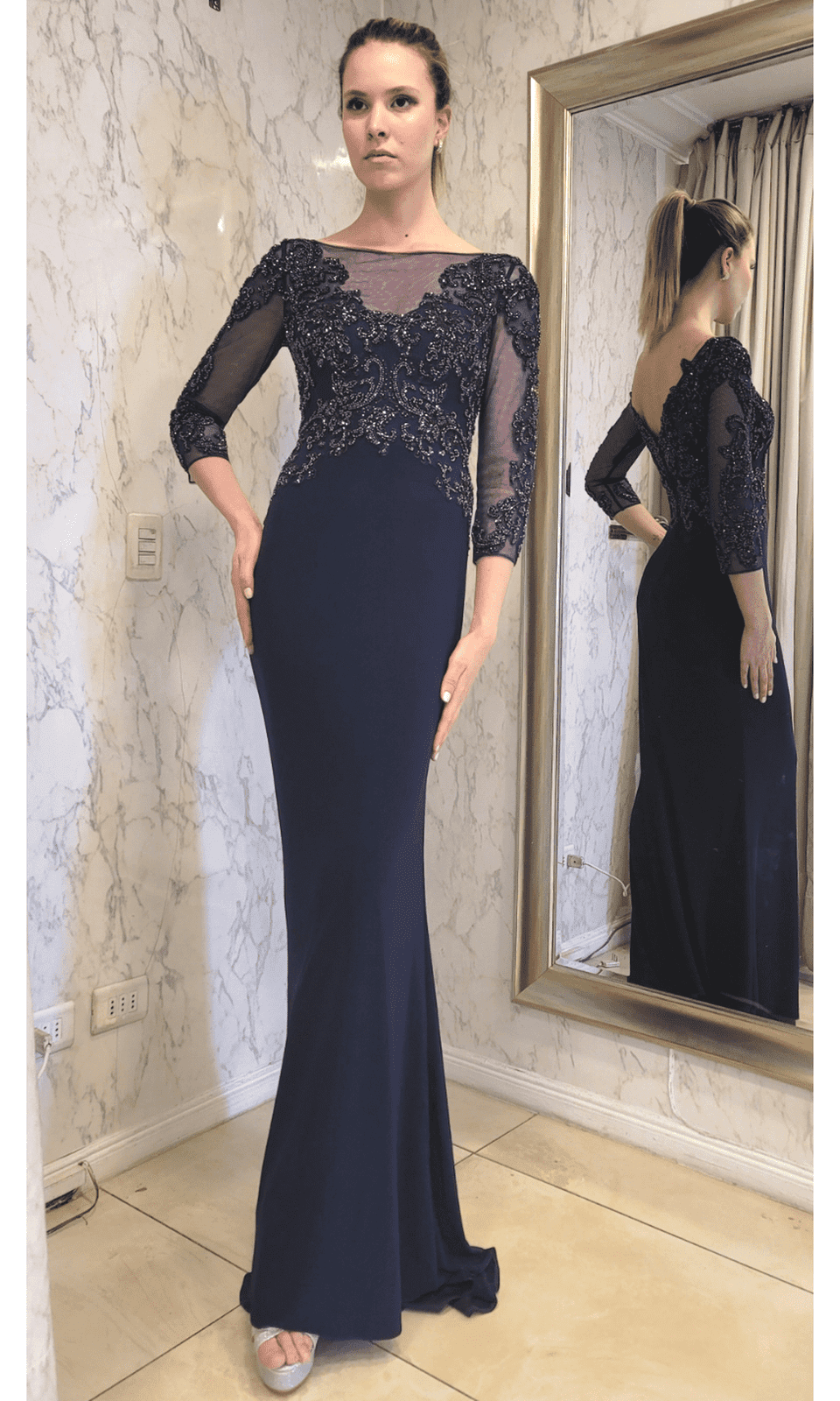 VESTIDO LARGO CON MANGAS LMV1017 AZUL - 1