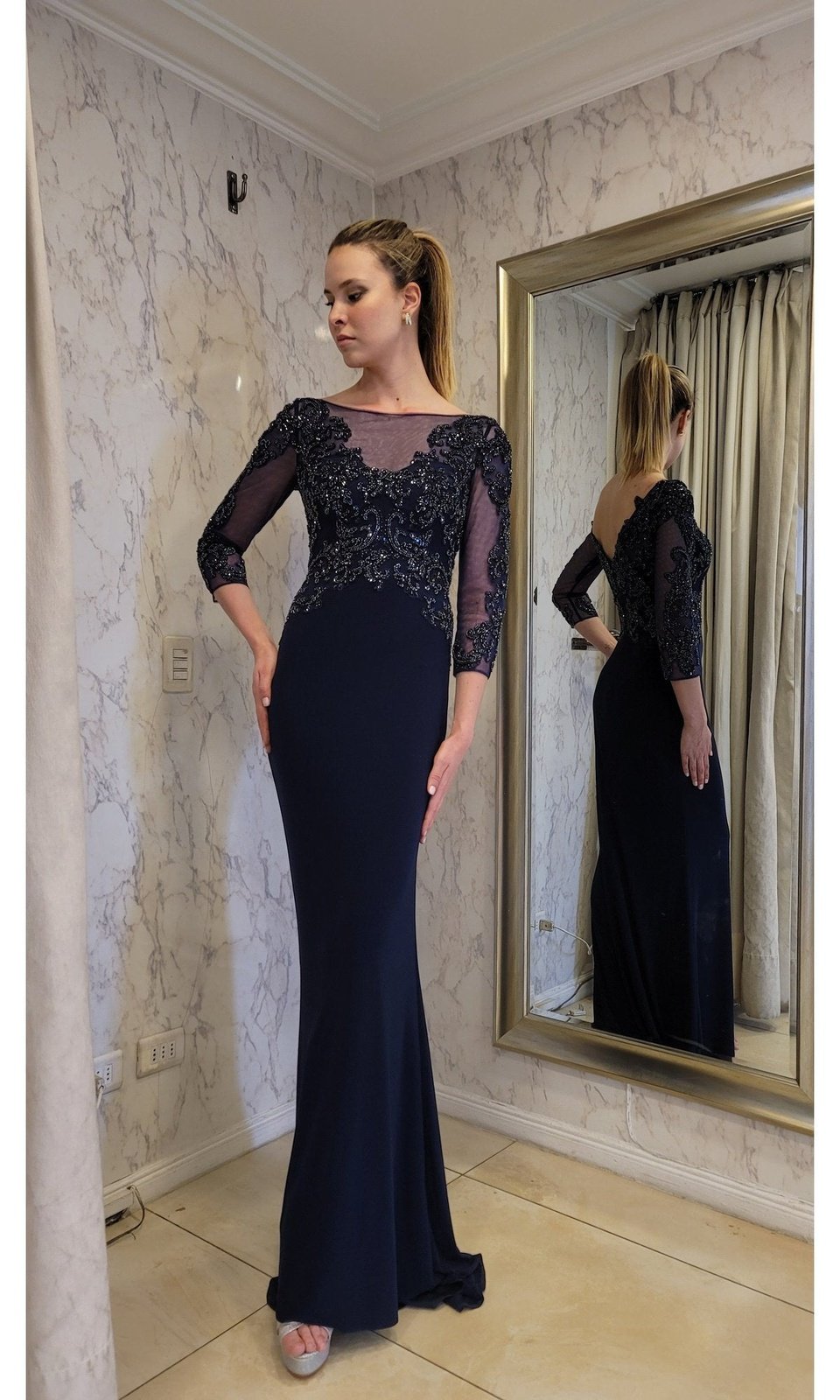 VESTIDO LARGO CON MANGAS LMV1017 AZUL - 7