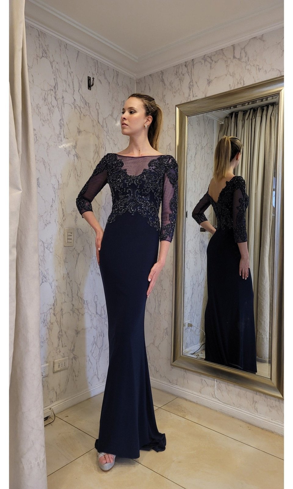 VESTIDO LARGO CON MANGAS LMV1017 AZUL - 8