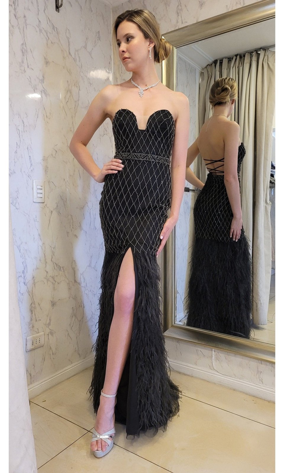 VESTIDO LARGO PLUMAS LJ135 EN COLOR NEGRO - 1