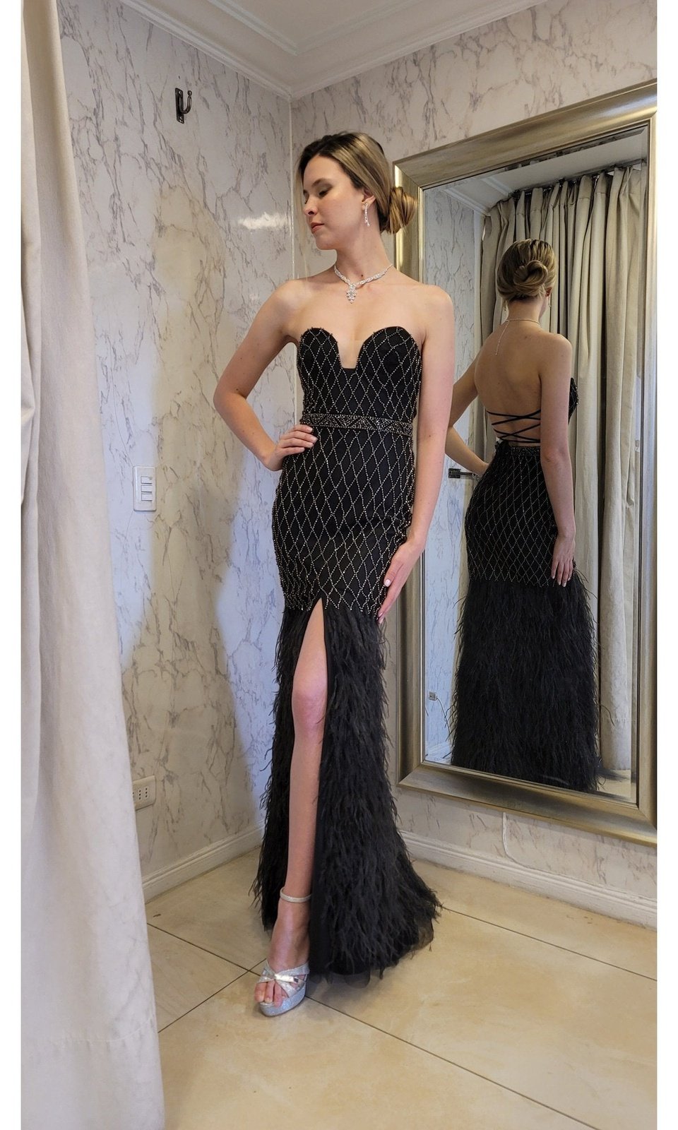 VESTIDO LARGO PLUMAS LJ135 EN COLOR NEGRO - 2