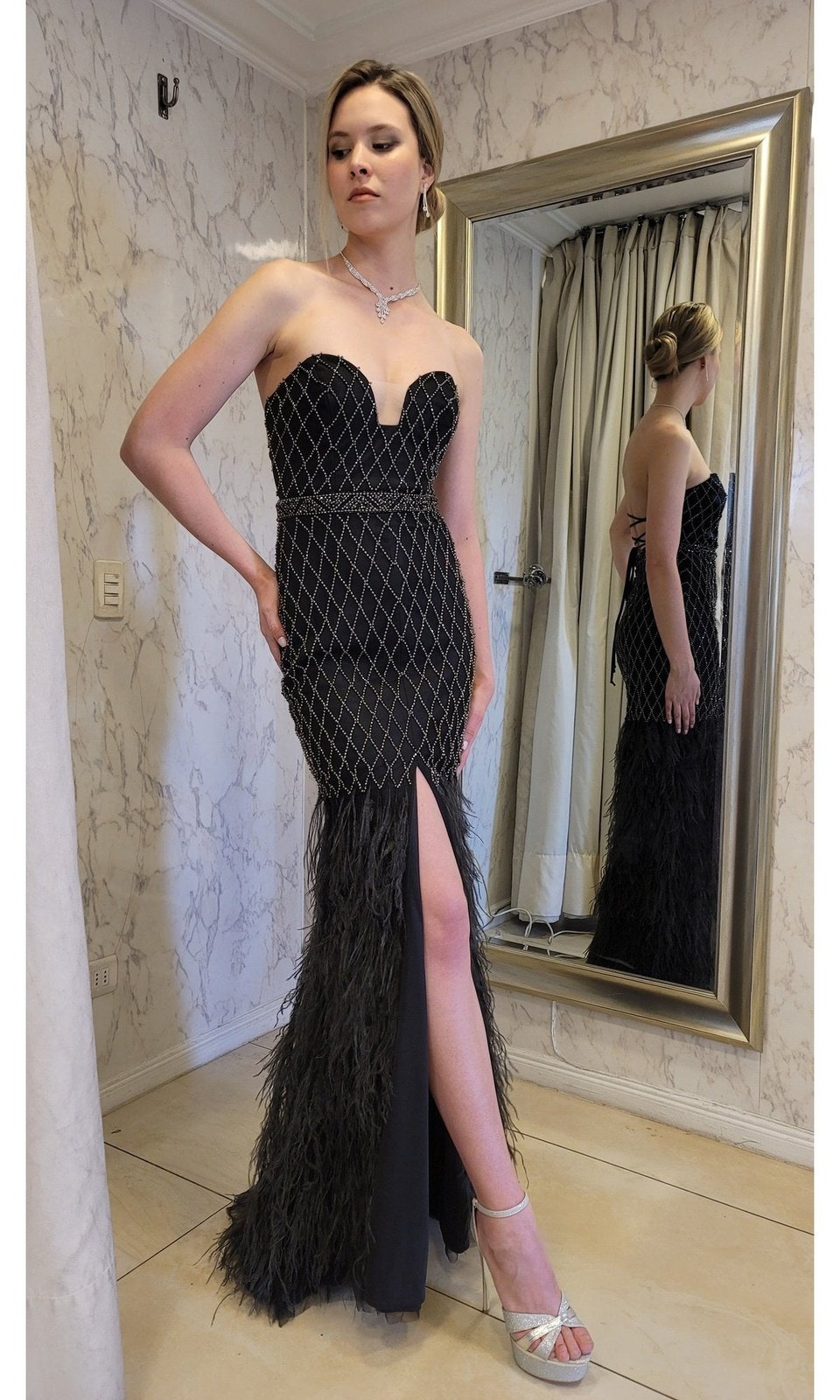 VESTIDO LARGO PLUMAS LJ135 EN COLOR NEGRO - 3