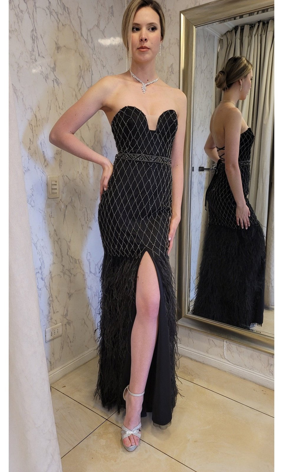 VESTIDO LARGO PLUMAS LJ135 EN COLOR NEGRO - 4