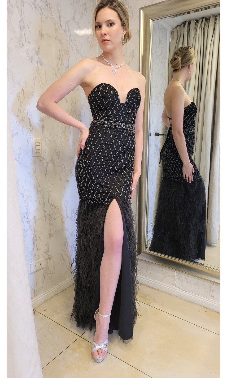 VESTIDO LARGO PLUMAS LJ135 EN COLOR NEGRO - 5
