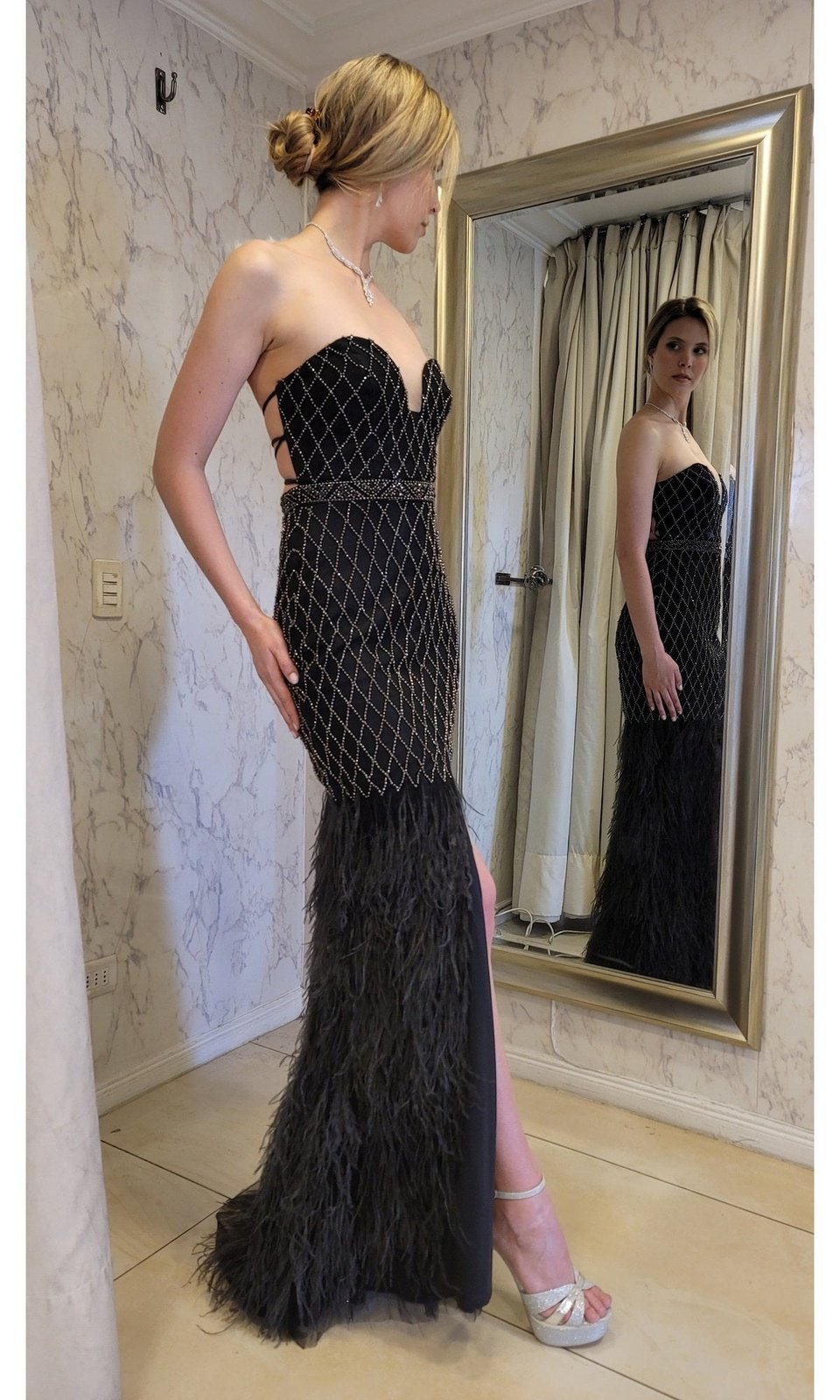 VESTIDO LARGO PLUMAS LJ135 EN COLOR NEGRO - 6