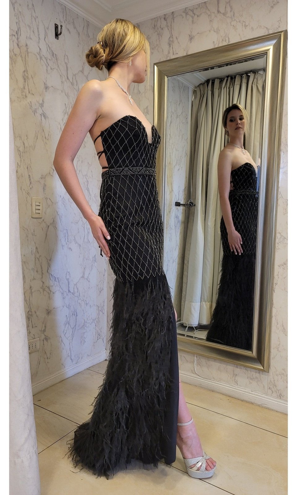VESTIDO LARGO PLUMAS LJ135 EN COLOR NEGRO - 7