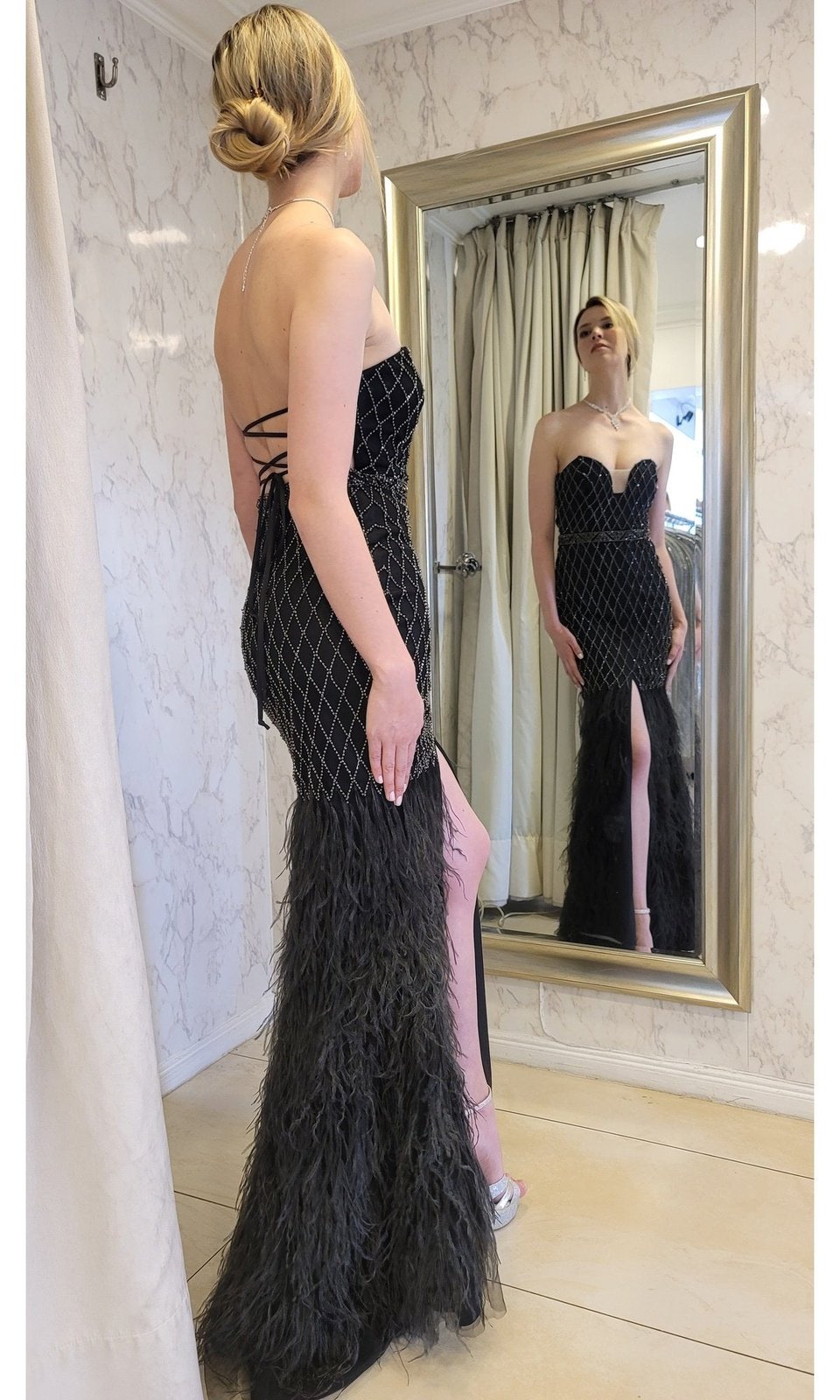VESTIDO LARGO PLUMAS LJ135 EN COLOR NEGRO - 9