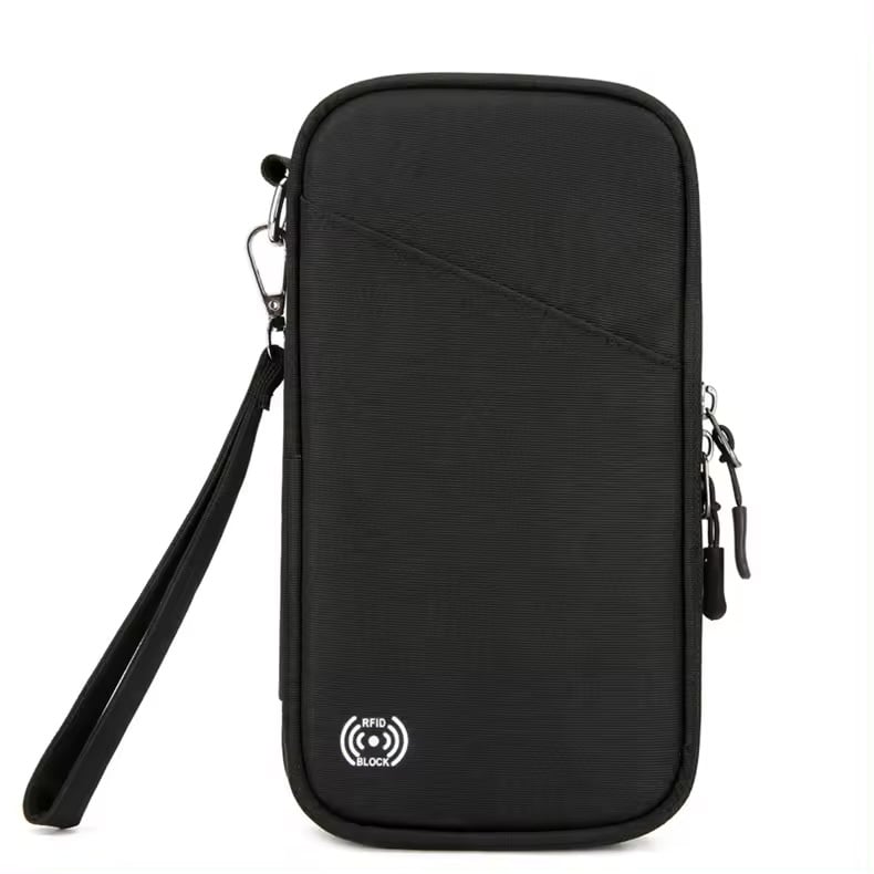 Porta Pasaporte Organizador Documentos Con Cierre, Correa Y Proteccion RFID Negro