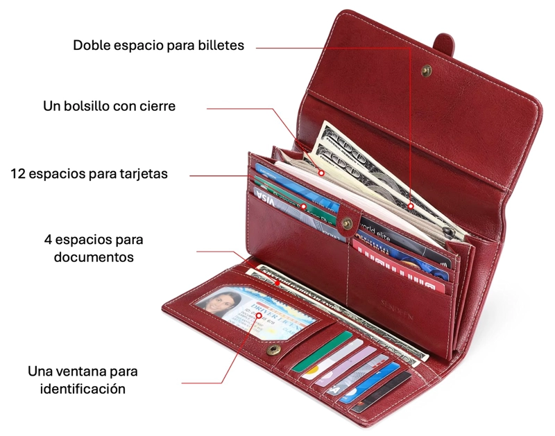 BILLETERA CARTERA LARGA CUERO ROJA PORTA CELULAR CON CIERRE - 4