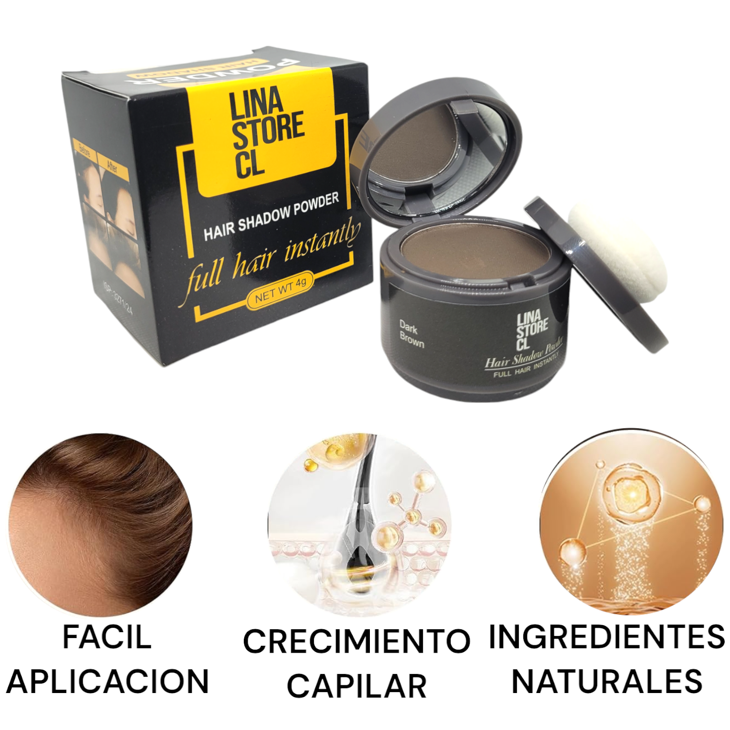 POLVO FIBRA CAPILAR DISIMULADO CALVICIE CASTAÑO OSCURO CON ESPONJA Y ESPEJO - 2