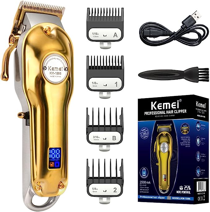 MÁQUINA AFEITADORA KEMEI KM-1986 CABELLO BARBERIA PROFESIONAL RECARGABLE DORADA - 7
