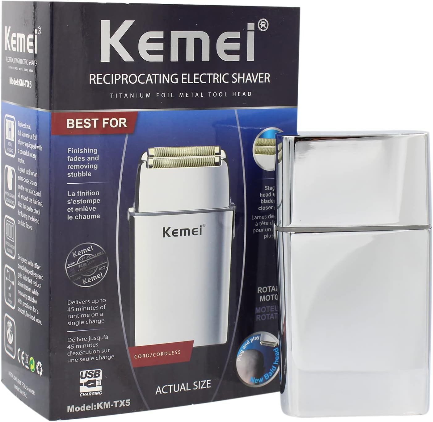 MÁQUINA DE AFEITAR KEMEI ELÉCTRICA SHAVER TX5 SILVER - 1