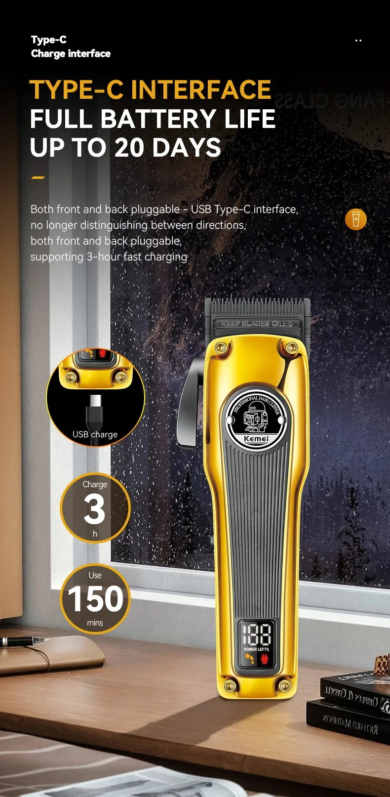 MÁQUINA AFEITADORA KEMEI CORTA PELO CLIPPER 1825 - 8