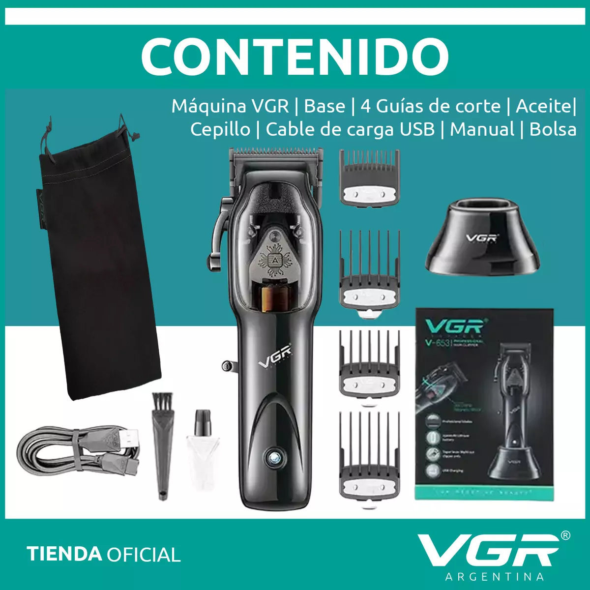 MÁQUINA AFEITADORA KEMEI 653 CORTA PELO CON BASE DE CARGA VGR NEGRO - 1