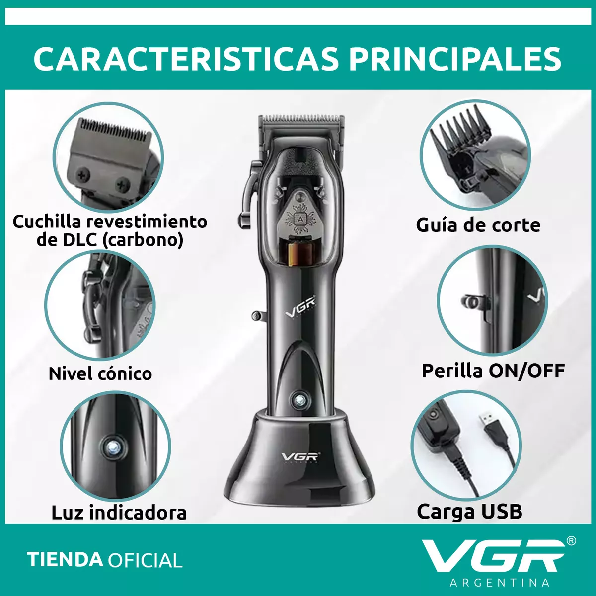 MÁQUINA AFEITADORA KEMEI 653 CORTA PELO CON BASE DE CARGA VGR NEGRO - 4