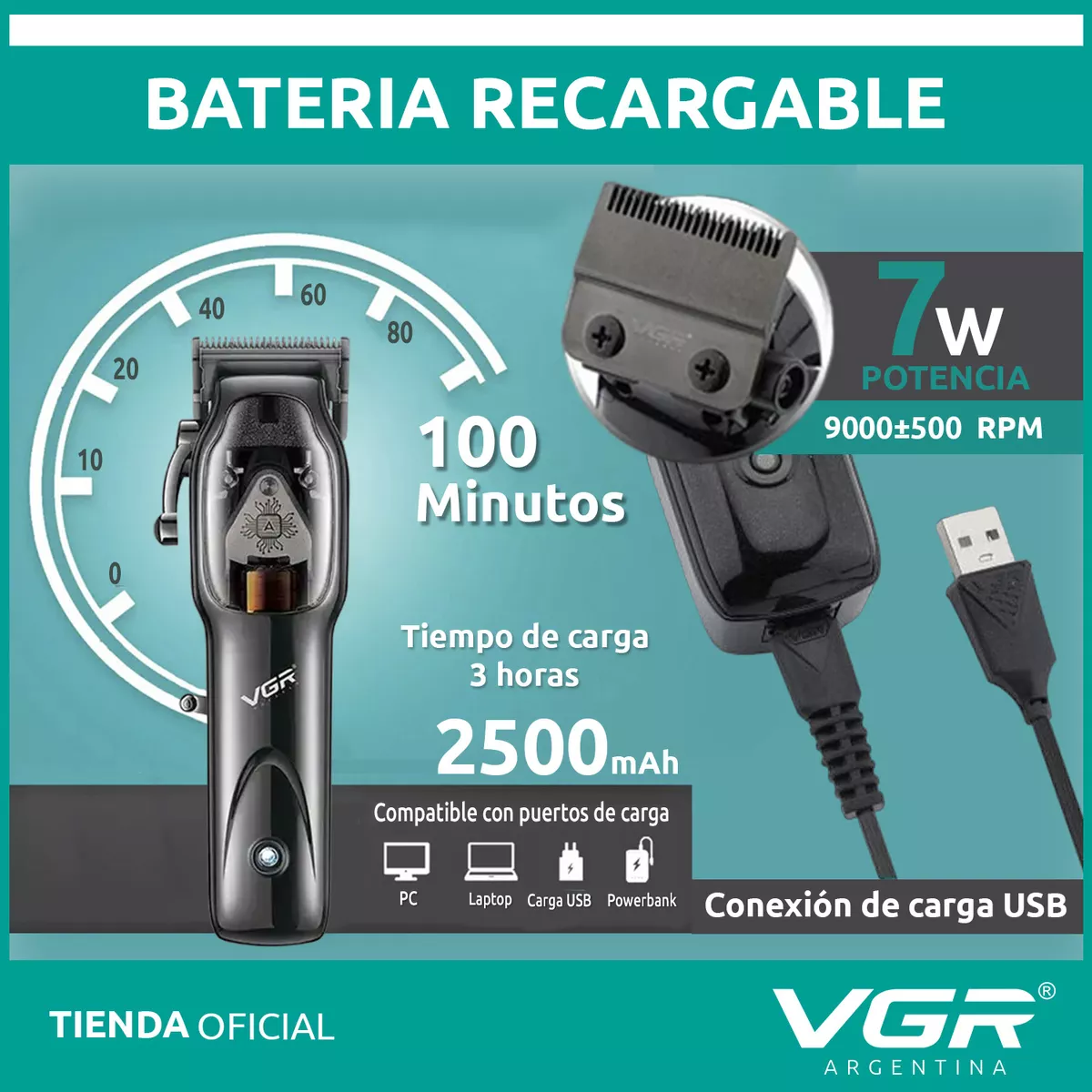 MÁQUINA AFEITADORA KEMEI 653 CORTA PELO CON BASE DE CARGA VGR NEGRO - 5