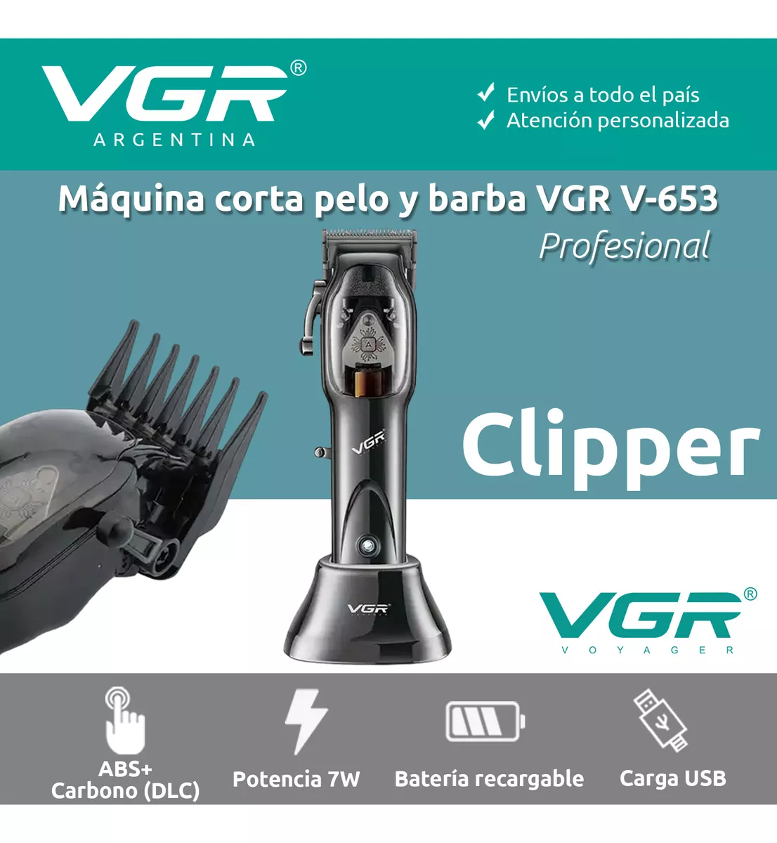 MÁQUINA AFEITADORA KEMEI 653 CORTA PELO CON BASE DE CARGA VGR NEGRO - 6