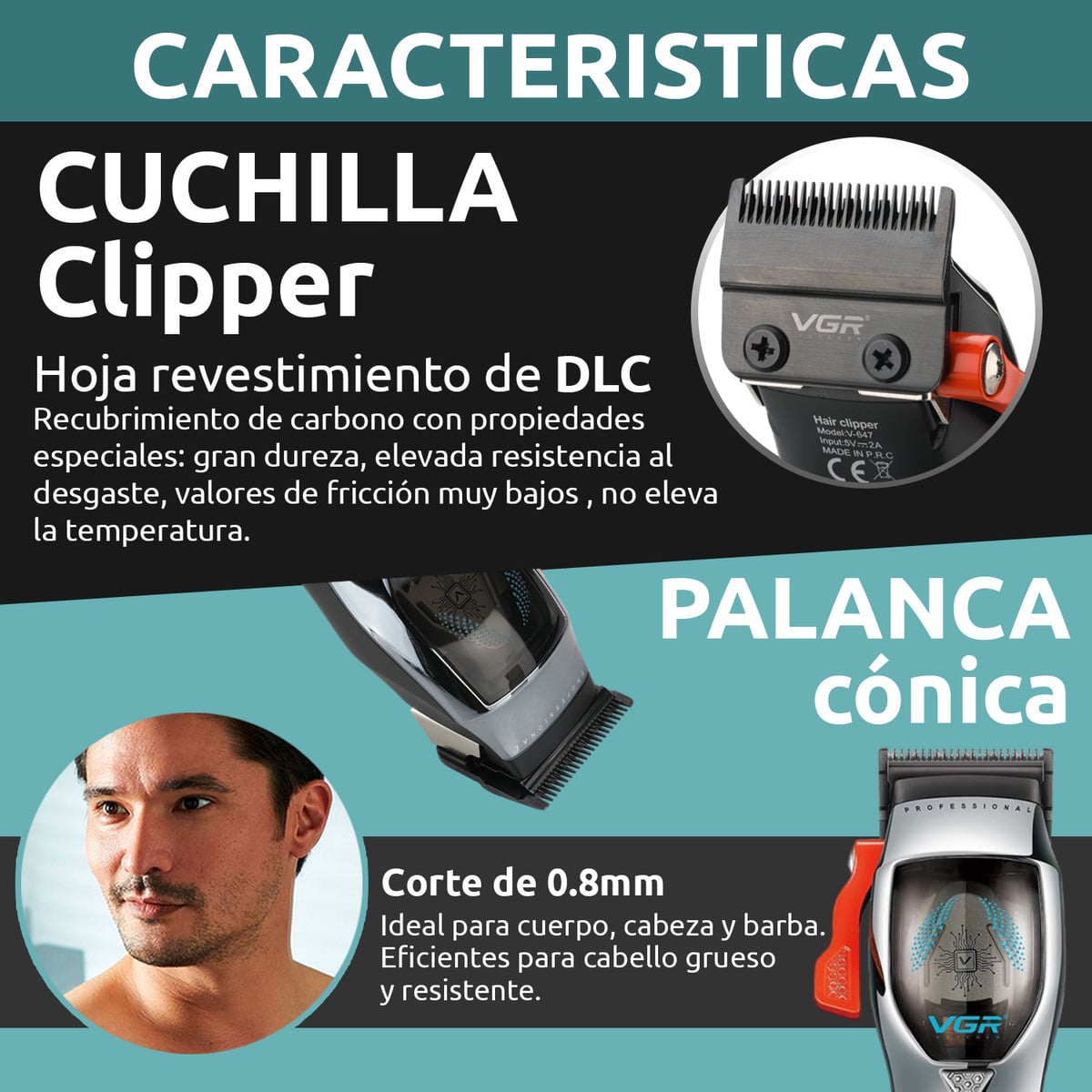 MÁQUINA AFEITADORA KEMEI 647 CORTA PELO CLIPPER VGR PROFESIONAL - 3