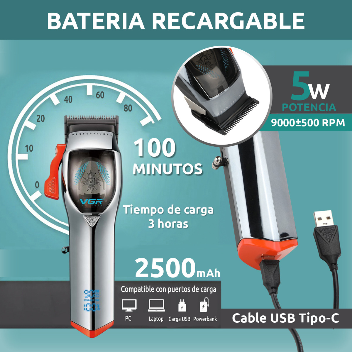 MÁQUINA AFEITADORA KEMEI 647 CORTA PELO CLIPPER VGR PROFESIONAL - 6