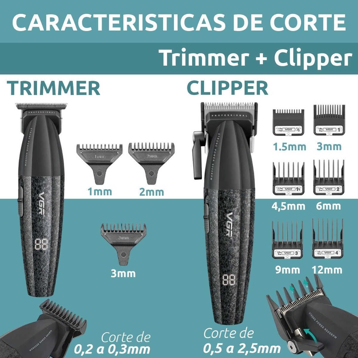 COMBO KEMEI 640 MÁQUINA CORTA PELO CLIPPER + TRIMMER PATILLERA VGR - 2