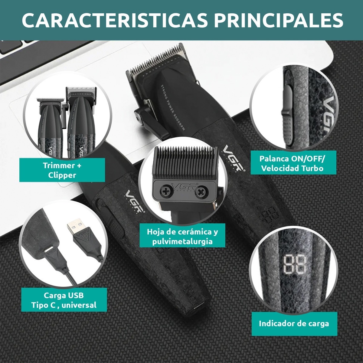 COMBO KEMEI 640 MÁQUINA CORTA PELO CLIPPER + TRIMMER PATILLERA VGR - 3