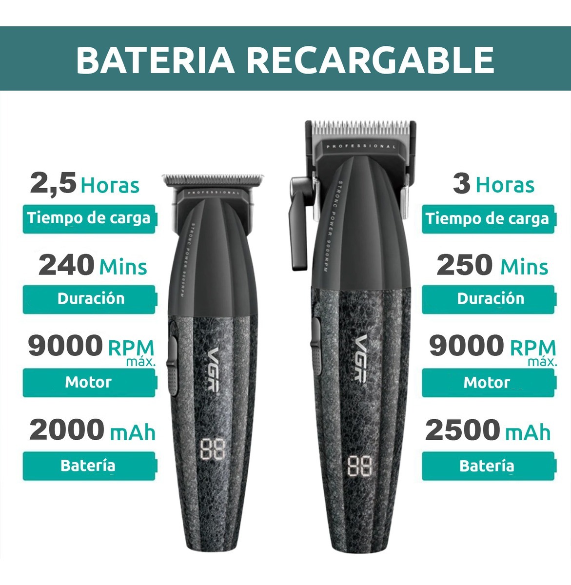 COMBO KEMEI 640 MÁQUINA CORTA PELO CLIPPER + TRIMMER PATILLERA VGR - 4