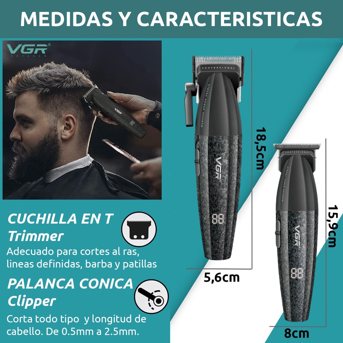 COMBO KEMEI 640 MÁQUINA CORTA PELO CLIPPER + TRIMMER PATILLERA VGR - 5