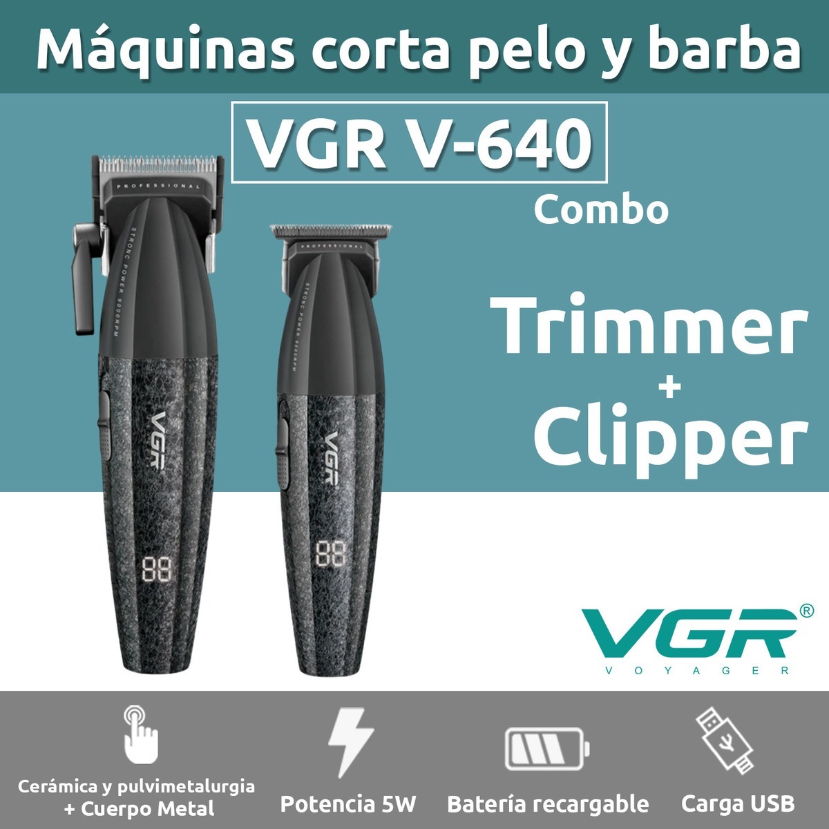COMBO KEMEI 640 MÁQUINA CORTA PELO CLIPPER + TRIMMER PATILLERA VGR - 6