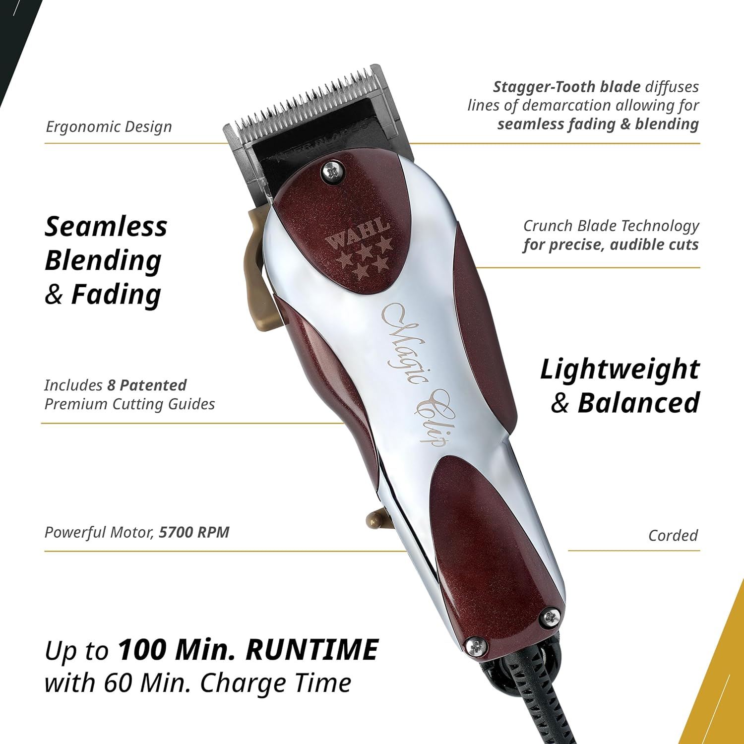 MÁQUINA DE AFEITAR WAHL MAGIC CLIP CORTE PELO PROFESIONAL BARBERIA ORIG PLATA/ROJO - 6