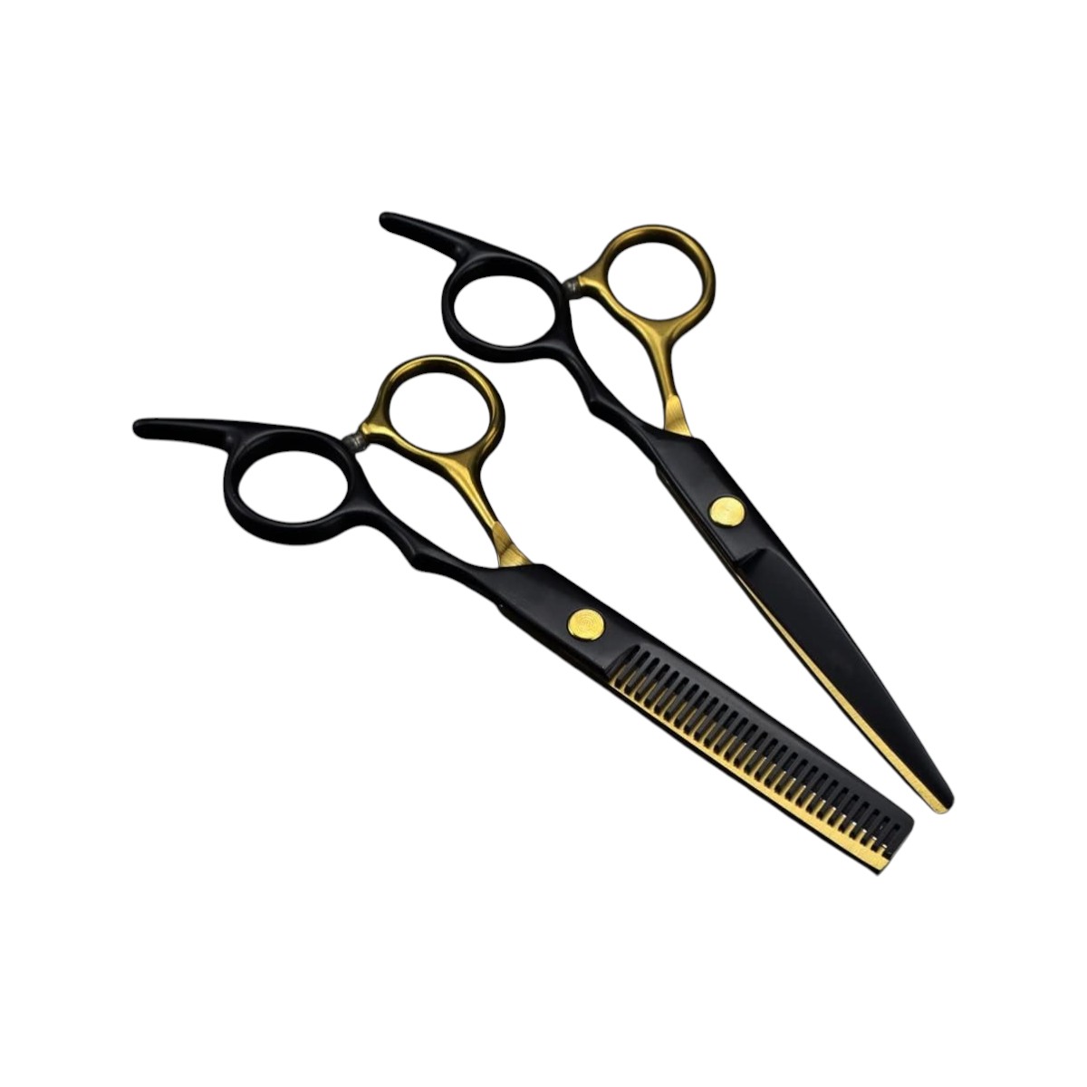 KIT DE 2 TIJERA RECTA FILO NAVAJA + ENTRESACADORA PELUQUERIA BARBERIA NEGRO CON DORADO - 2