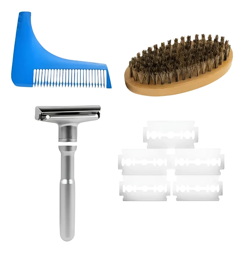 KIT BARBA RASTRILLO NAVAJA, PEINE MOLDEADOR, CEPILLO MADERA - 1