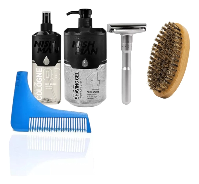 PACK 3 BARBA: RASTRILLO, CEPILLO, AFTER SHAVE, GEL Y PLANTILLA - 1
