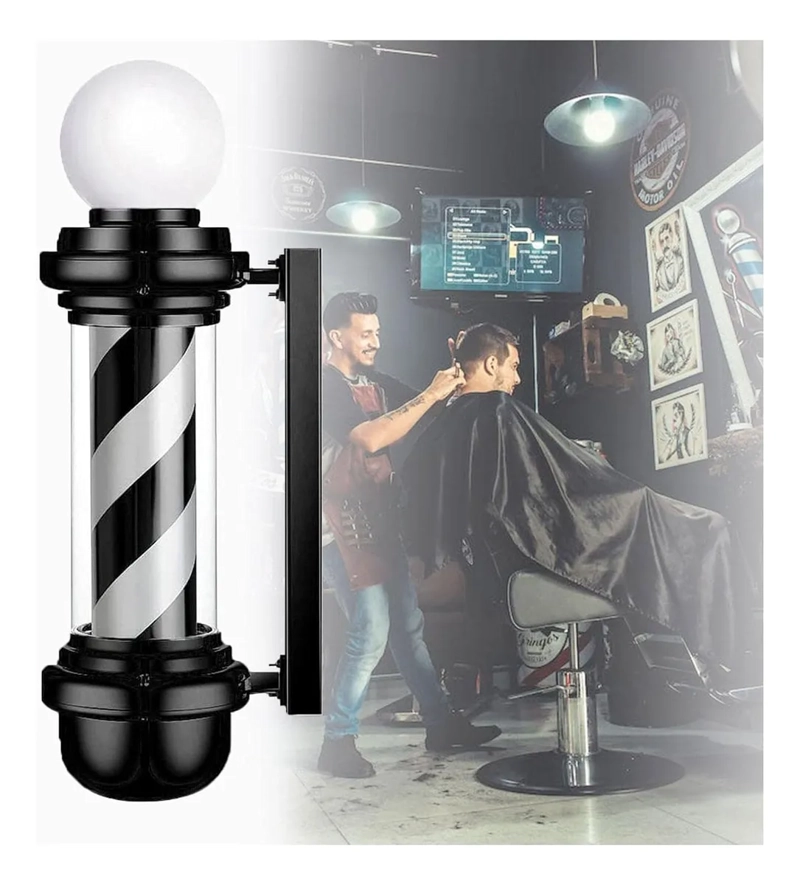 LETRERO POSTE DE BARBERIA Y PELUQUERIA CON LUZ GIRATORIA NEGRO CON BLANCO - 3