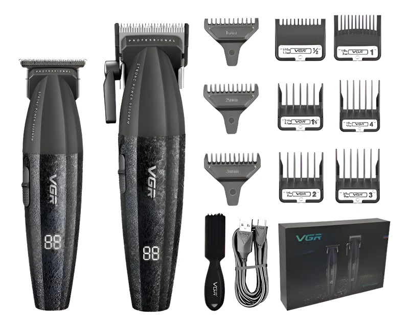 KIT MAQUINA BARBERIA PRO CLIPPER TRIMMER VGR V-640 9000 RPM COLOR NEGRO - 2