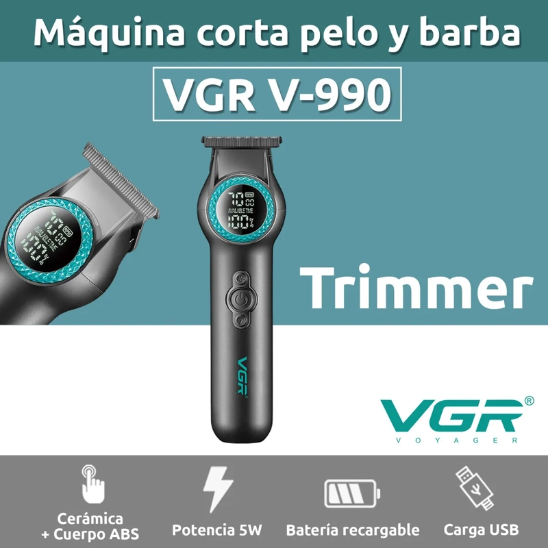 MAQUINA TRIMMER PROFESIONAL VGR 990 LUZ LED TURBO 8000 RPM NEGRO - 3