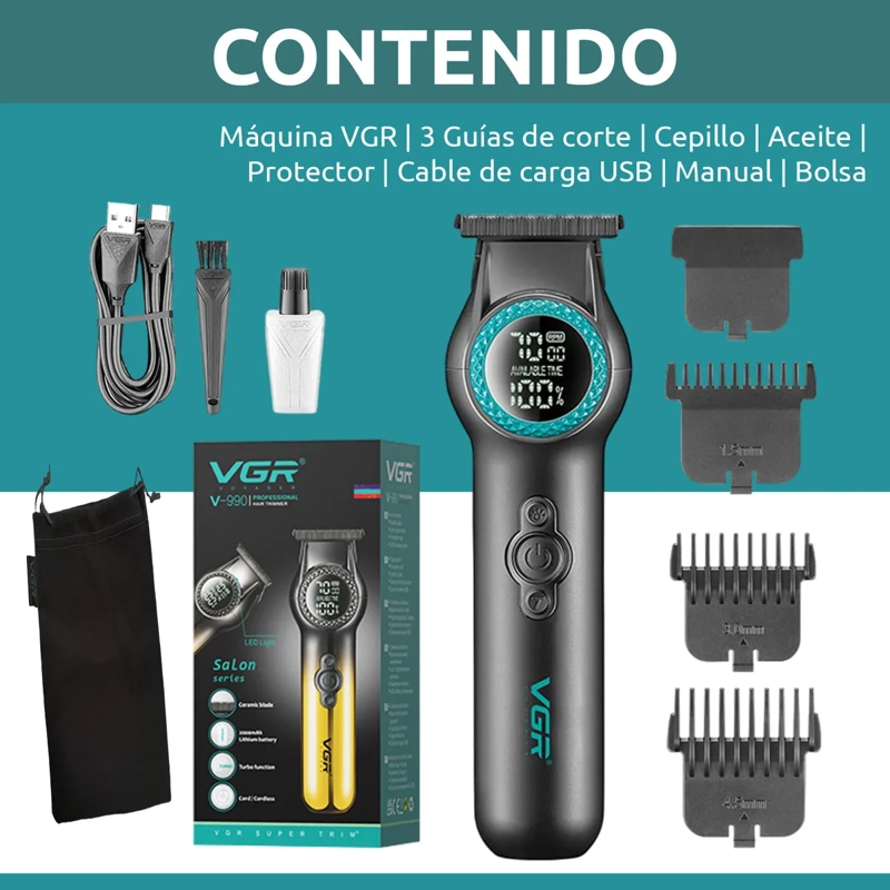 MAQUINA TRIMMER PROFESIONAL VGR 990 LUZ LED TURBO 8000 RPM NEGRO - 4