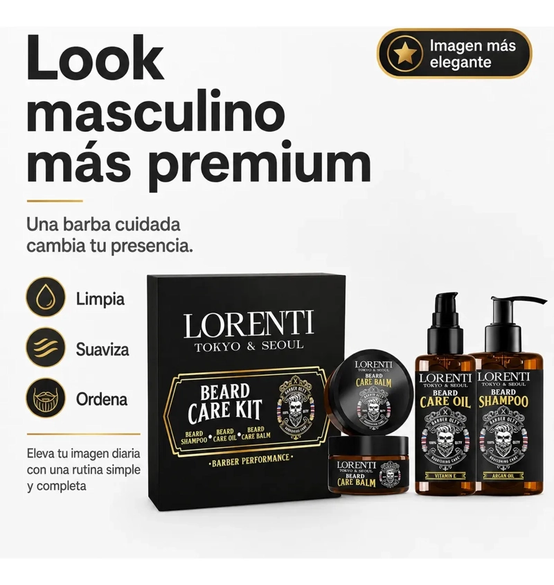 KIT CUIDADO DE BARBA HOMBRE SHAMPOO ACEITE BALSAMO LORENTI - 3