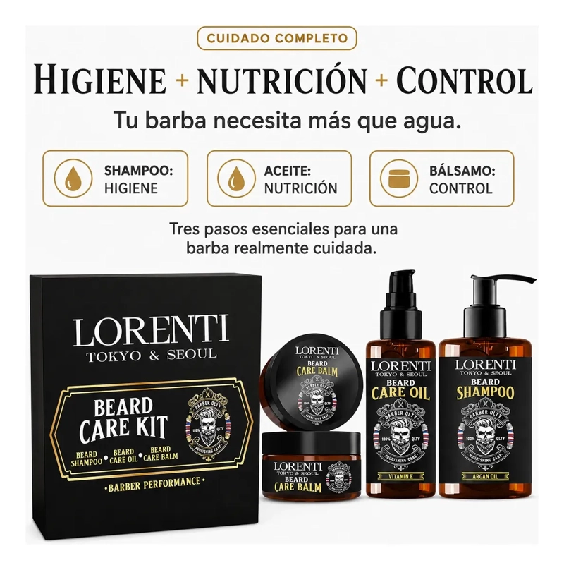KIT CUIDADO DE BARBA HOMBRE SHAMPOO ACEITE BALSAMO LORENTI - 5