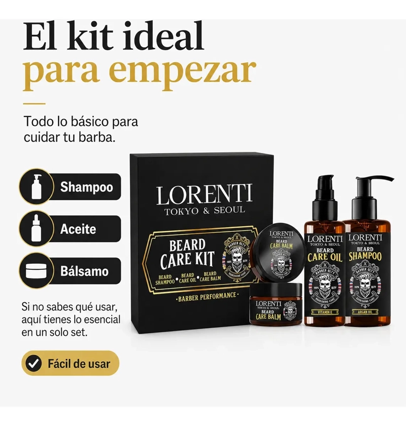 KIT CUIDADO DE BARBA HOMBRE SHAMPOO ACEITE BALSAMO LORENTI - 6