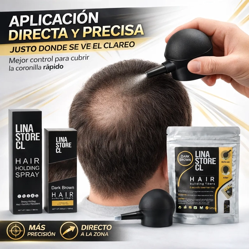 KIT POLVO CASTAÑO FIBRA CAPILAR + BOMBA+FIJADOR+ SOBRE CARGA - 1