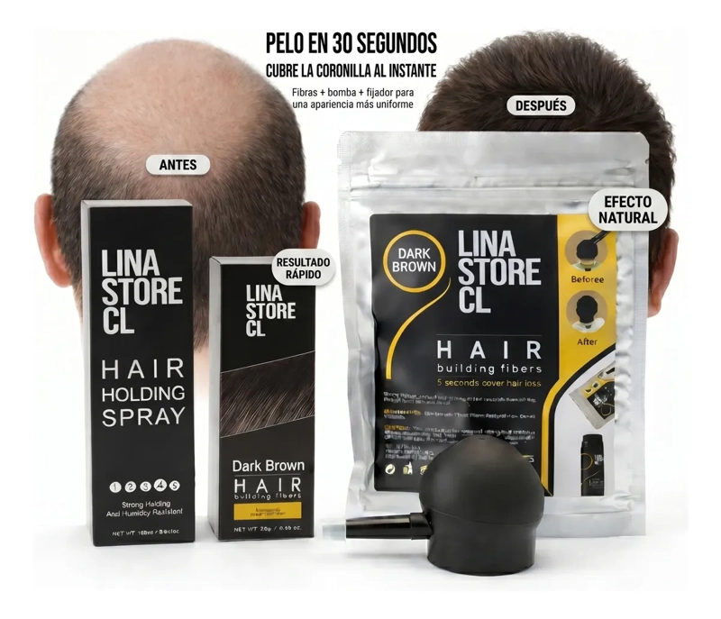 KIT POLVO CASTAÑO FIBRA CAPILAR + BOMBA+FIJADOR+ SOBRE CARGA - 2
