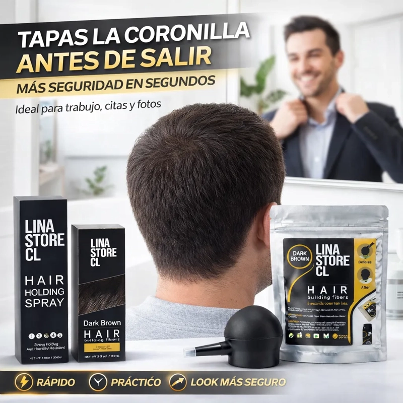KIT POLVO CASTAÑO FIBRA CAPILAR + BOMBA+FIJADOR+ SOBRE CARGA - 3