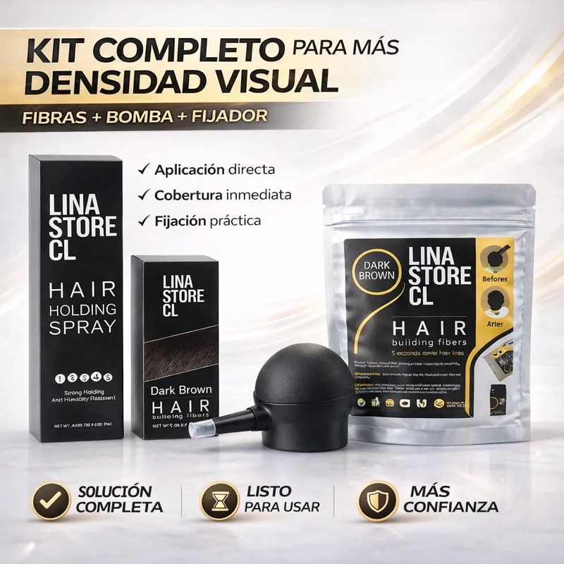 KIT POLVO CASTAÑO FIBRA CAPILAR + BOMBA+FIJADOR+ SOBRE CARGA - 5