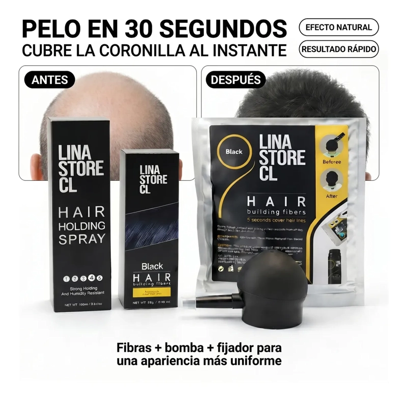 KIT POLVO NEGRO FIBRAS CAPILARES +BOMBA+FIJADOR +SOBRE CARGA - 4